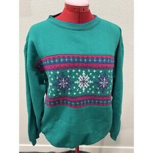 VTG Grandma 90s Lauren Brooke Green Snowflake Knit Mock Sweatshirt SZ Small